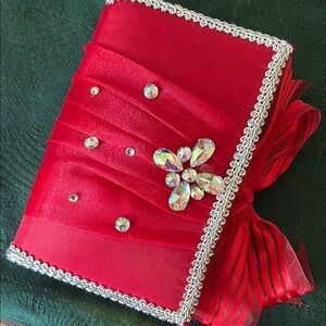 Elegant Red Satin Bible with Rhinestone Accents